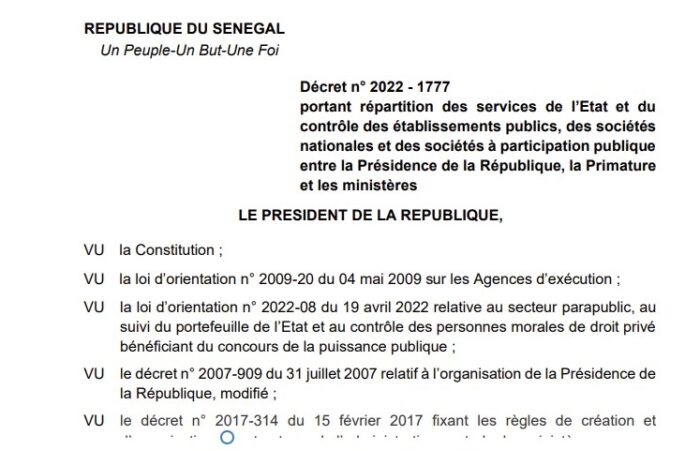 Décret n° 2022 - 1777 portant répartition des services de l’Etat et du contrôle des établissements publics, des sociétés nationales et des sociétés à participation publique entre la Présidence de la République, la Primature et les ministères