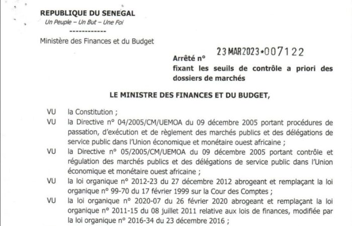 Arrêté  n°7122 du 230323 fixant les seuils de contrôle à priori des dossiers de marchés
