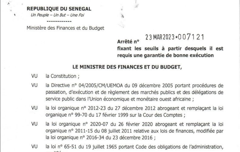 Arrêté n°7121 du 230323 fixant les seuils à partir desquels il est requis une garantie de bonne exécution