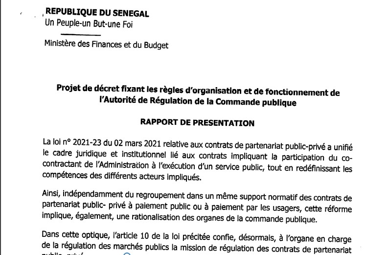 Décret fixant les règles d’organisation et fonctionnement de l’Autorité de Régulation de la Commande Publique (ARCOP)