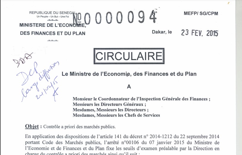 Circulaire n° 094-MEFP-SG-CPM du 23 février 2015 portant contrôle a priori des marchés publics