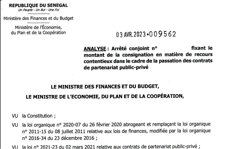 Arrêté conjoint 009562 du 03 avril 2023 fixant le montant de la consignationn en matière de recours contentieux dans le cadre de la passation des contrats de partenariats public privé