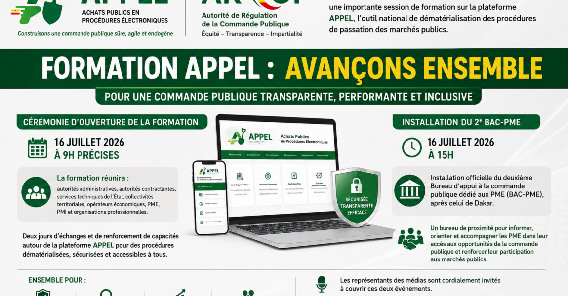 L’ARCOP POURSUIT LA MODERNISATION DE LA COMMANDE PUBLIQUE :Cap sur Kaolack avec la plateforme APPEL et l’installation du deuxième Bureau d’appui à la commande publique (BAC-PME)